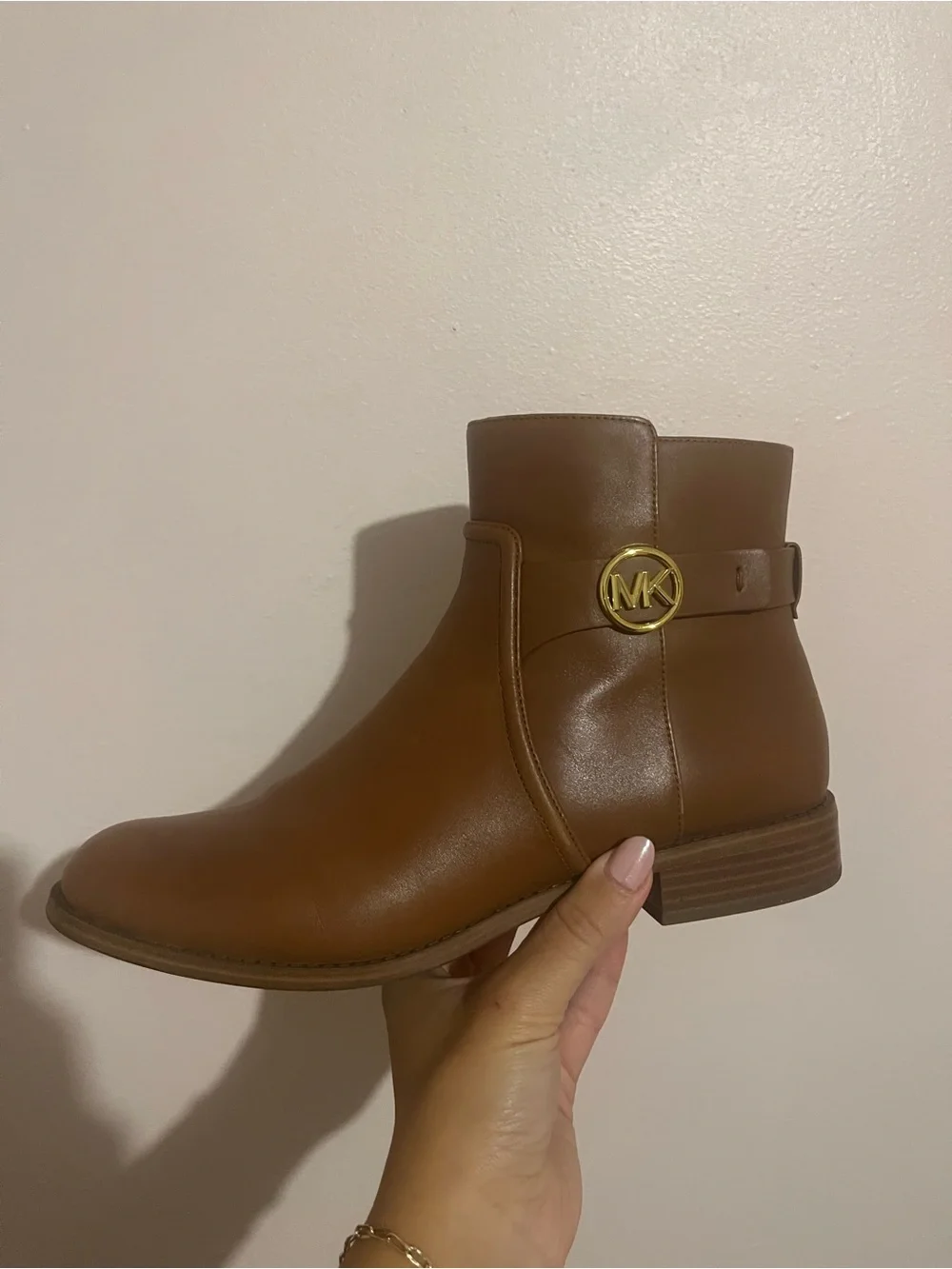 Michael Kors Cognac Leather Ankle Boot with Gold MK Accent